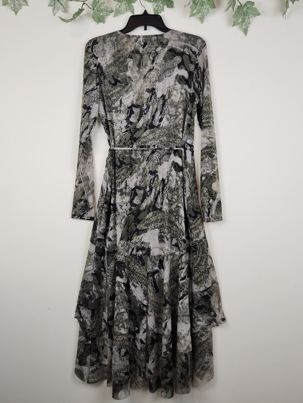 White House Black Market Size 12P Olive  Long Sleeve Tiered Midi Mesh Wrap Dress - Picture 7 of 9